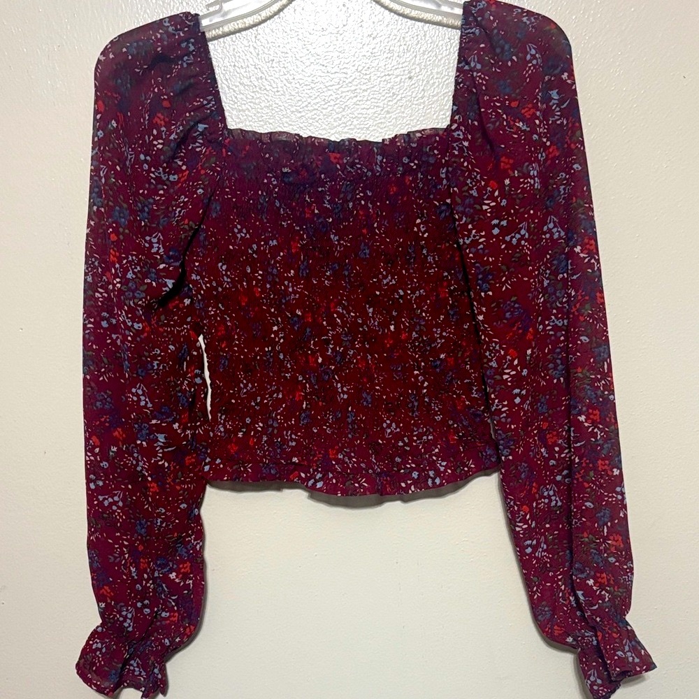 Japna Burgundy Floral Smocked cropped  Blouse